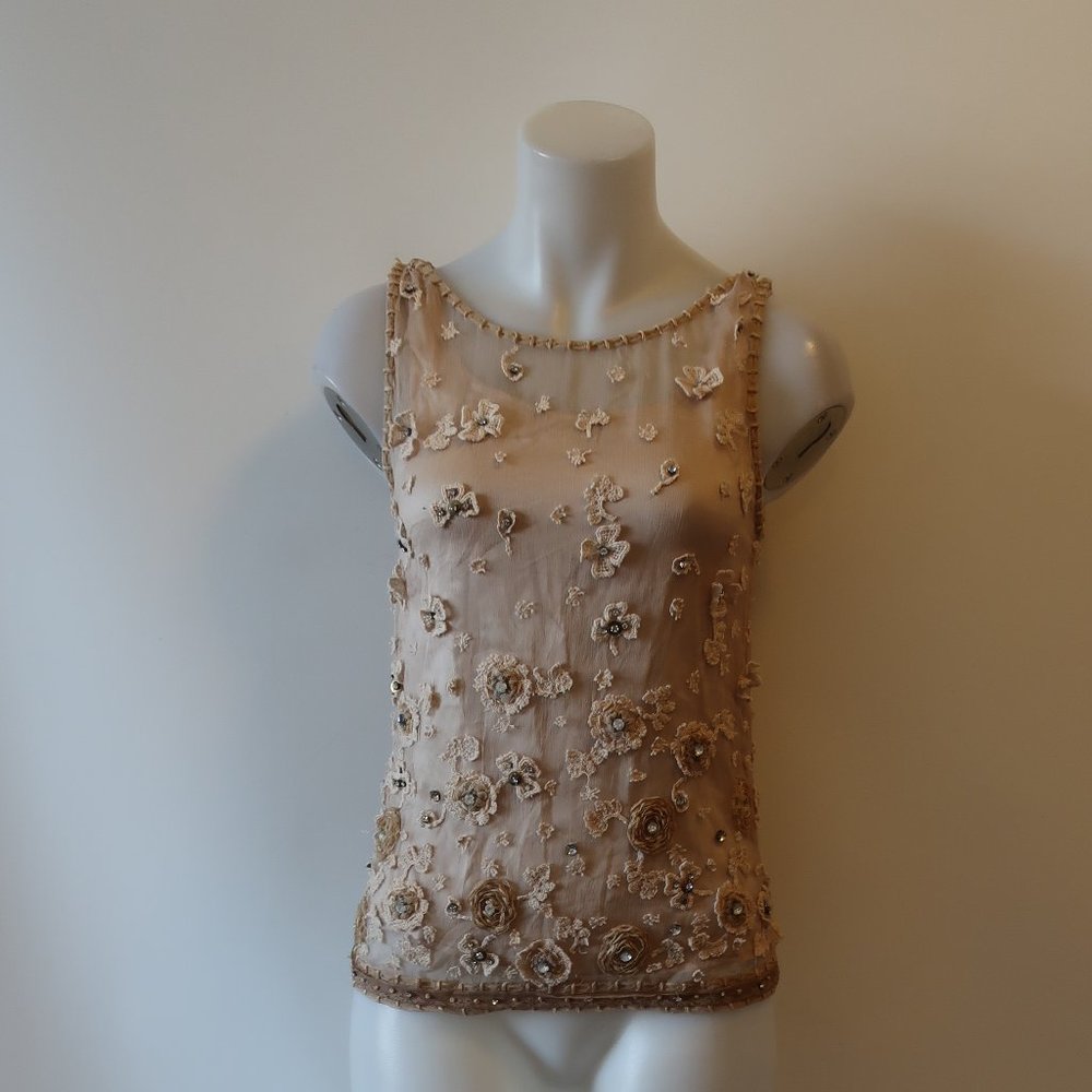 ALICE + OLIVIA SILK CHAMPAGNE CROCHETSTONE TOP XS